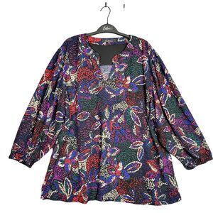 Calessa Womens Split Neck Top Artsy Floral Crinkle Textured SIZE 3X AU24C18W